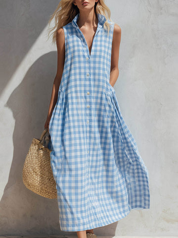 Women's Gingham Maxi Dress V-Neck