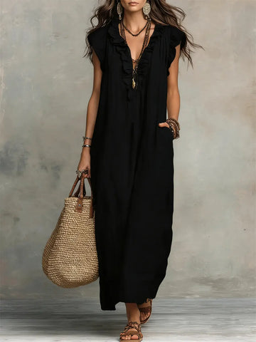 Women's Linen Maxi Dress Ruffle V-Neck