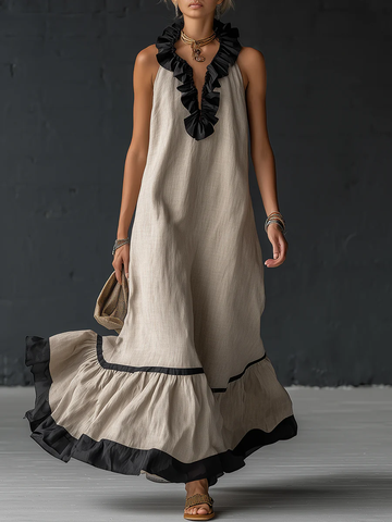 Women's Linen Halter Maxi Dress Ruffle Trim