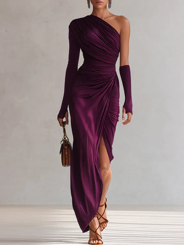 Women's Satin One Shoulder Maxi Dress Ruched
