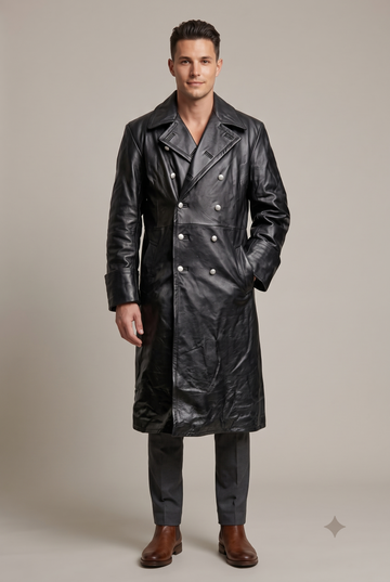 Men's Leather Double-Breasted Trench Coat with Belted Back