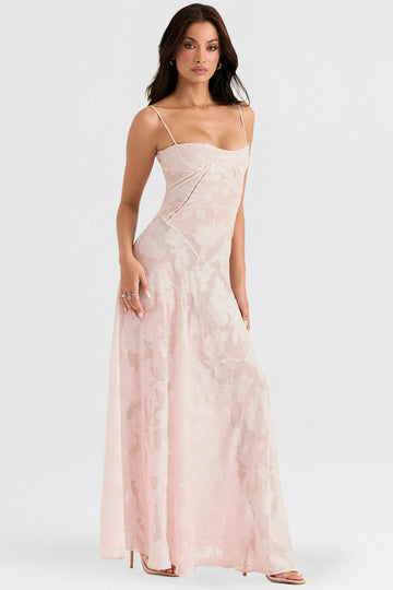 Women's Floral Maxi Dress - Spaghetti Strap - Sweetheart Neck - Corset Bodice - Floor Length Wedding Guest Dress