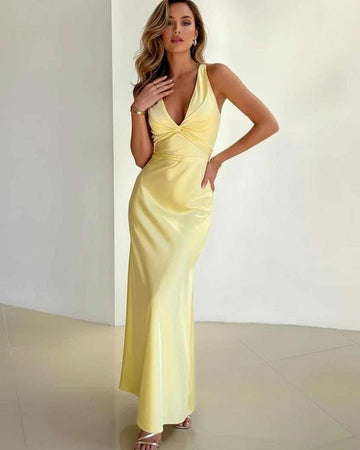 Women's Sleeveless Halter Neck Twist Front Bridesmaids Maxi Dress