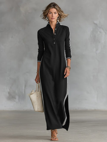Women's Maxi Dress Stand Collar Contrast Stripe