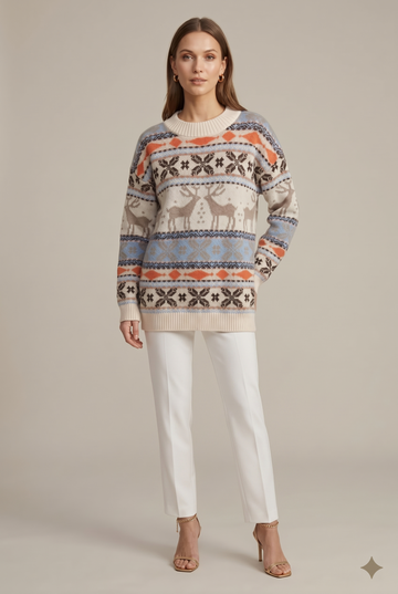 Women's Fair Isle Cable Knit Sweater Crew Neck