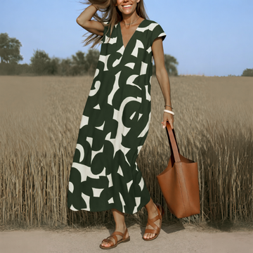 Women's Maxi Dress Abstract Print V-Neck Short Sleeve Relaxed Fit