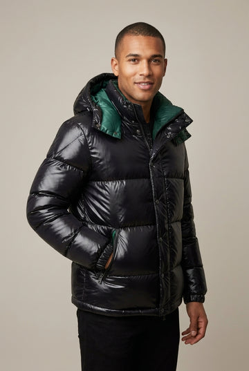 Men’s Hooded Puffer Jacket - Glossy Quilted Full Zip Snap Placket