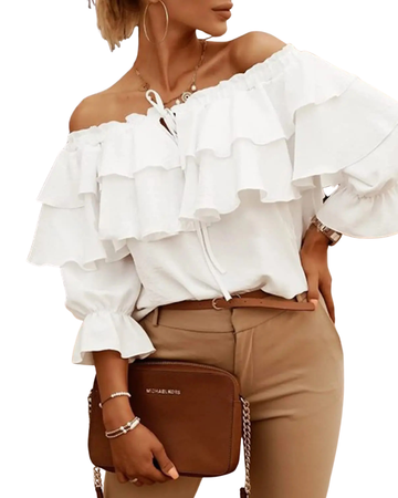Women's Off-Shoulder Tiered Ruffle Long Sleeve Tie-Front Blouse